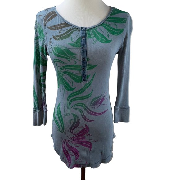 Anthropologie Language Blue Print Henley Long Cotton 3/4 Sleeve Knit Top T-shirt - Picture 2 of 10